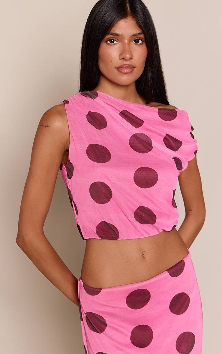 Rose Top Court Asymétrique En Mesh À Pois