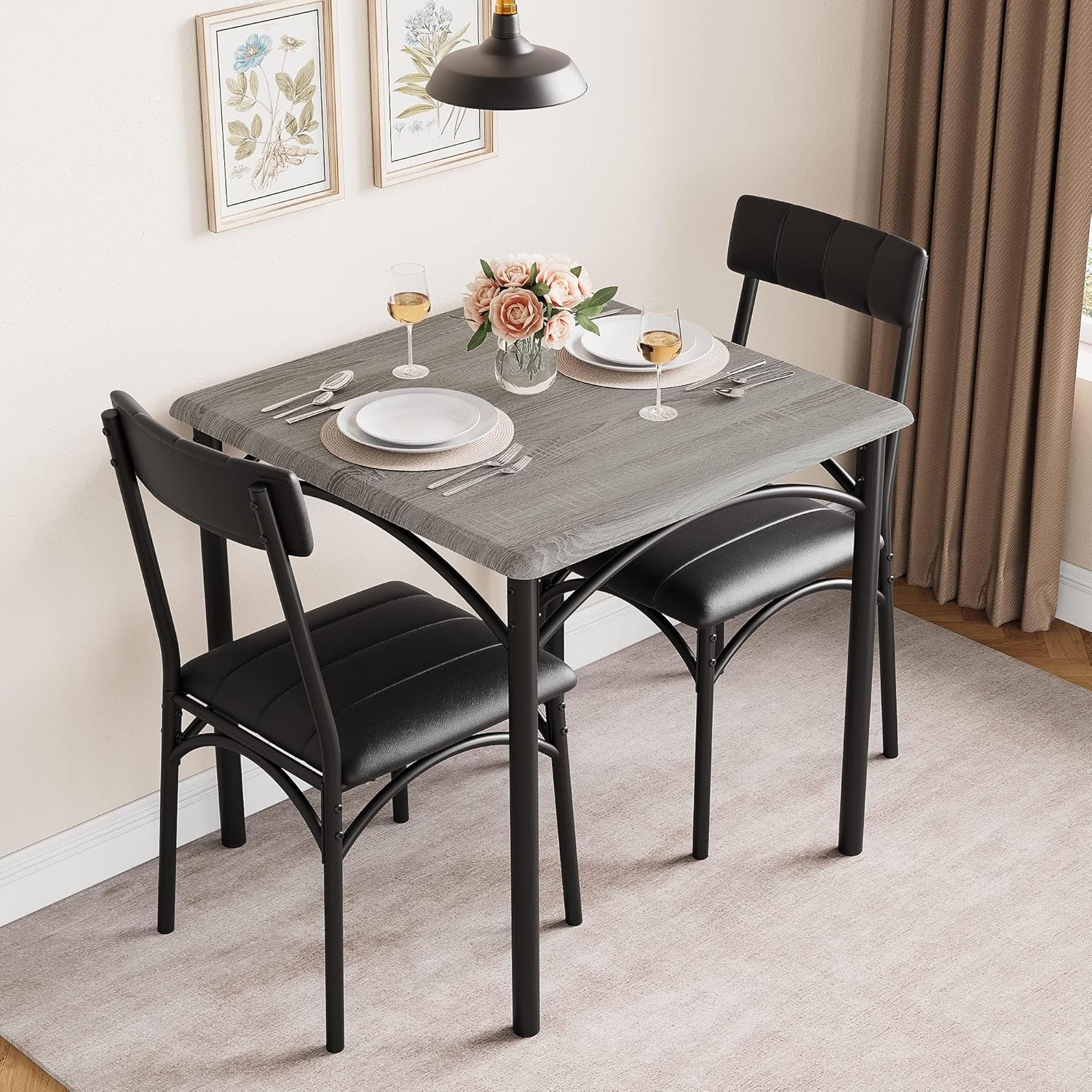 3-teiliges Küchentisch-Set, Tisch und Stühle für 2, quadratischer Esstisch aus Metall und Holz mit 2 gepolsterten Stühlen, Esstisch für kleine Räume (Grau 2)