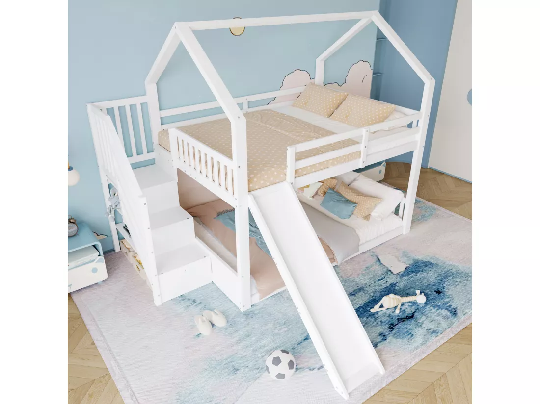 Lit superposé 140x200cm en bois - avec barrières + escalier de rangement + toboggan - Blanc