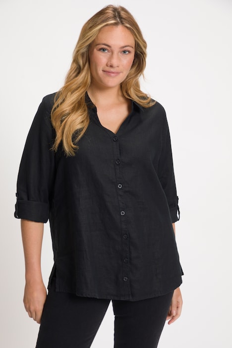 Bluse, Leinen, offener Kragen, Langarm