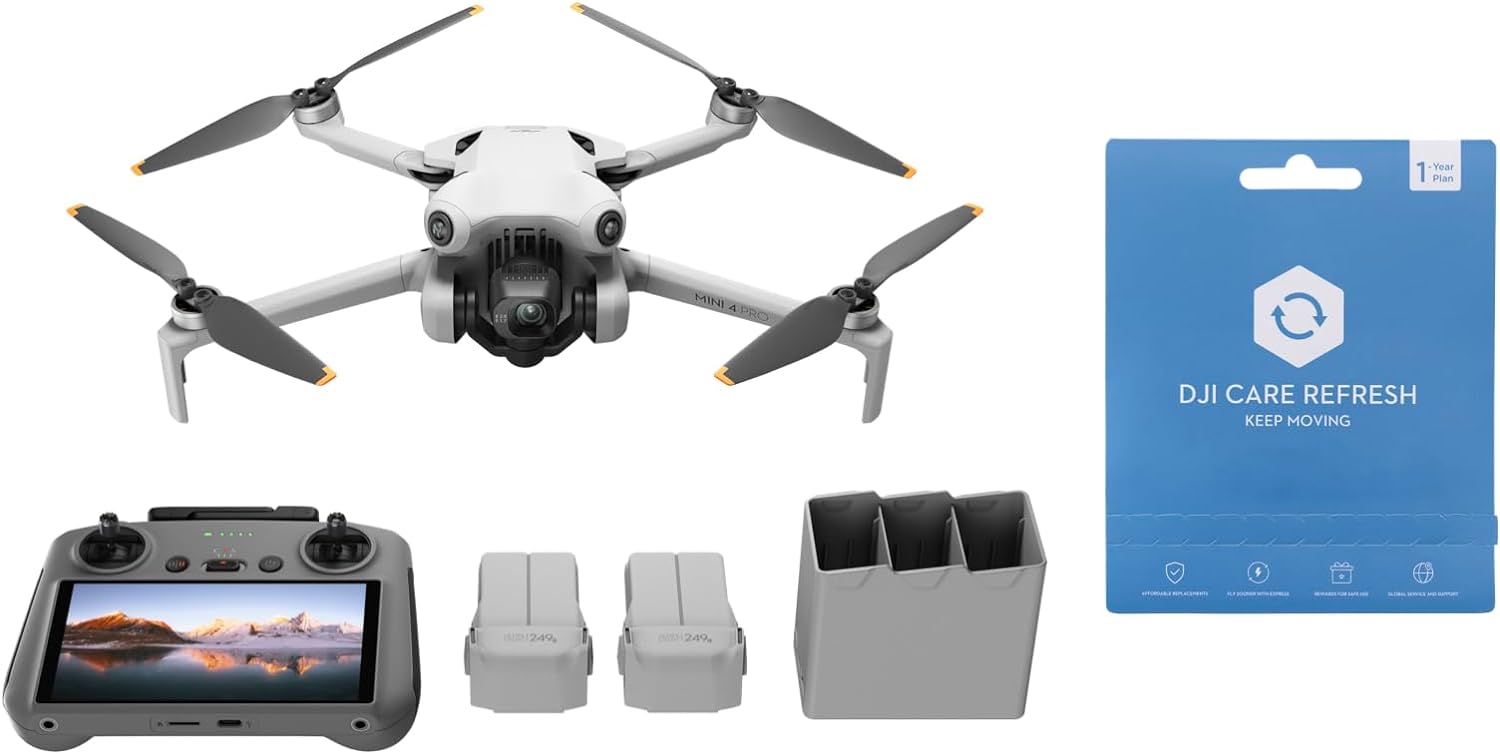 DJI Bundle DJI Mini 4 Pro Fly More avec DJI RC 2 (Radiocommande avec cran), Mini Drone Pliable avec Caméra 4K, Moins de 0,549 lb/249 g, Temps de Vol de 34 min, 2 Batteries Supplémentaires, C0