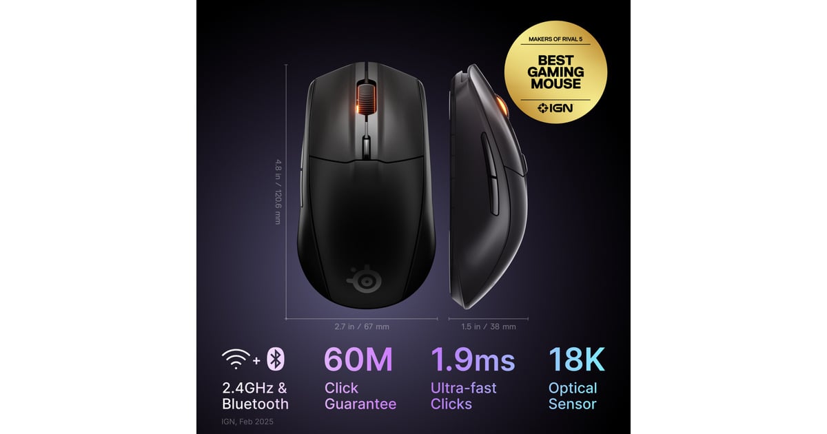 SteelSeriesRival 3 Wireless Gen 2 gaming muis  (Zwart, 18.000 dpi, RGB leds)