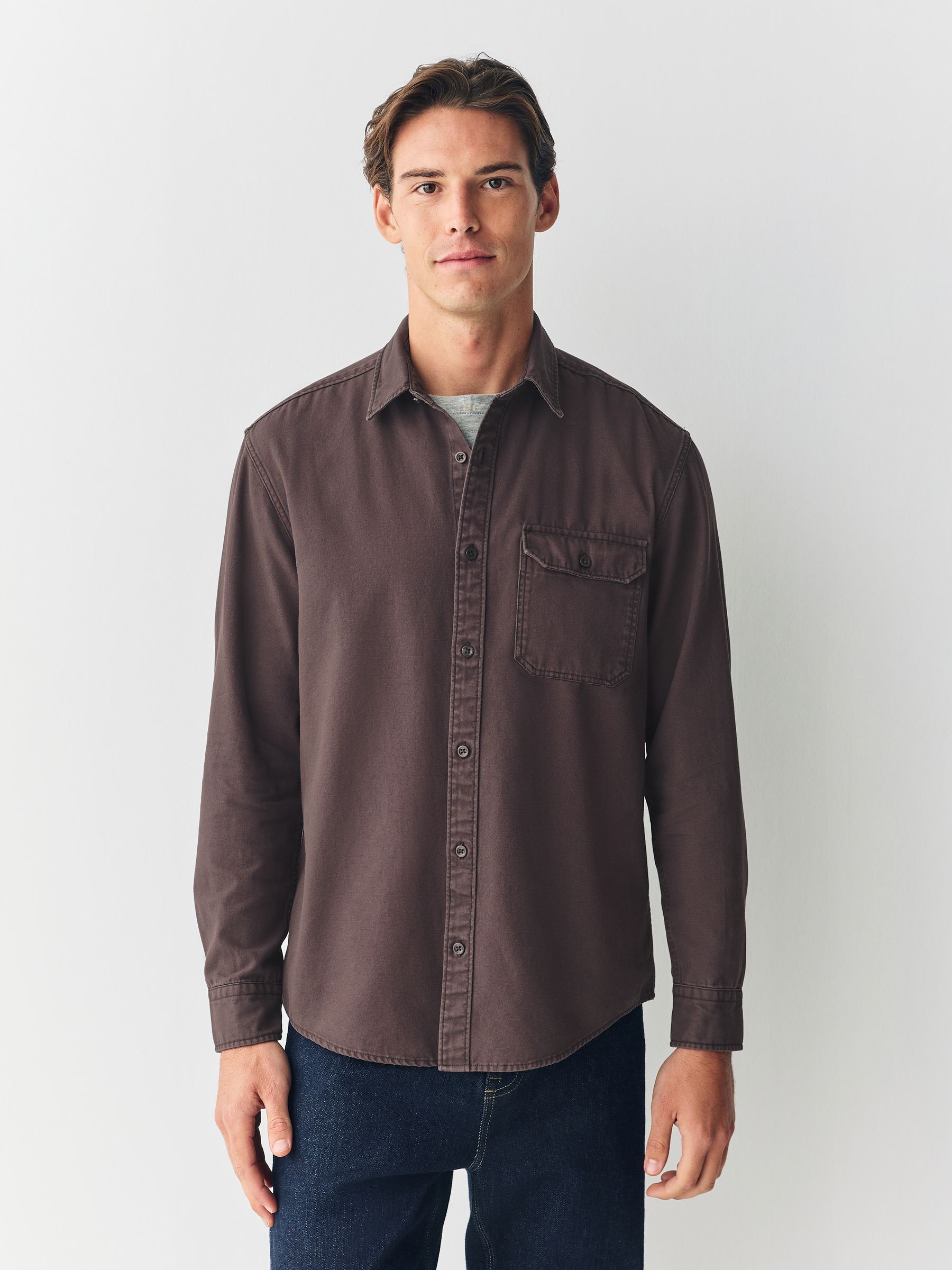 Chocoladebruin - Long Sleeve Garment Dyed Oxford Shirt