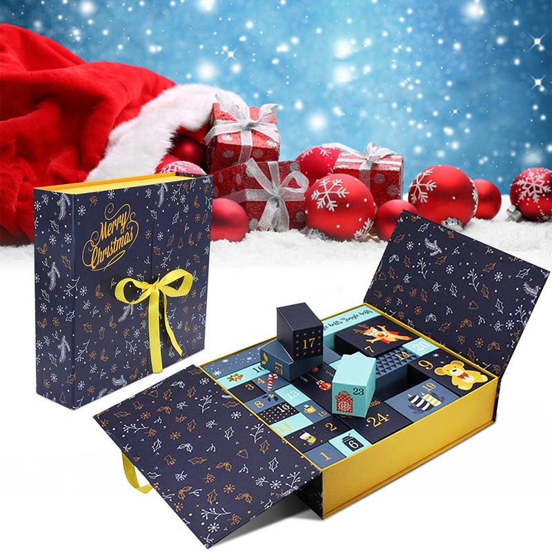 (33x30x8cm) DIY Adventskalender zum Befüllen Weihnachts Kalender Boxen - Blau / Gold