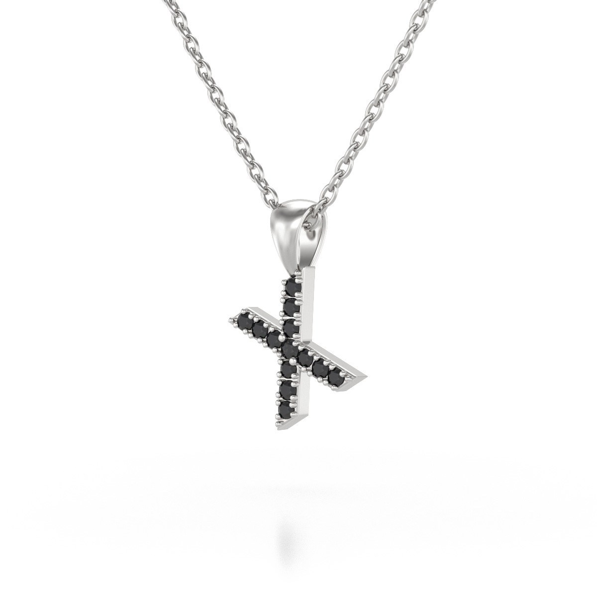 Collier Pendentif ADEN Lettre X Or 750 Blanc Diamant Noir Chaine Or 750 incluse 0.72grs