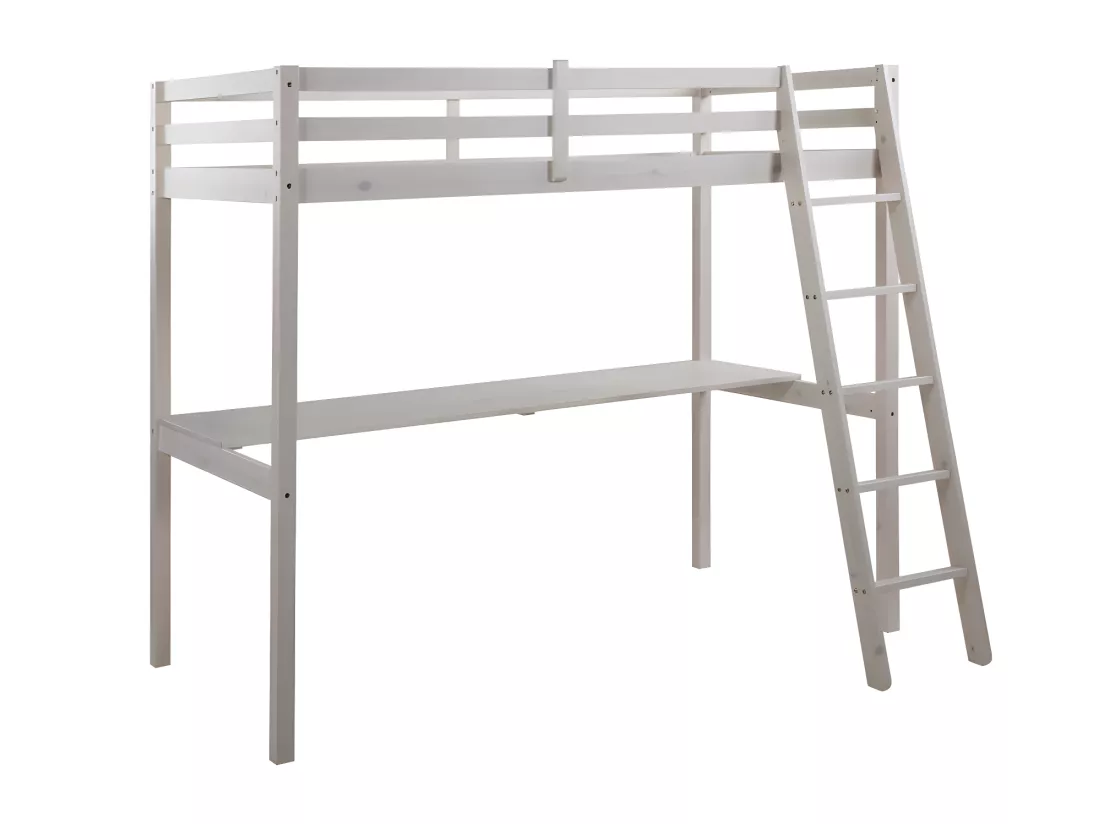 Lit mezzanine GEDEON II - 90 x 190 cm - Avec bureau - Pin massif - Blanchi + matelas