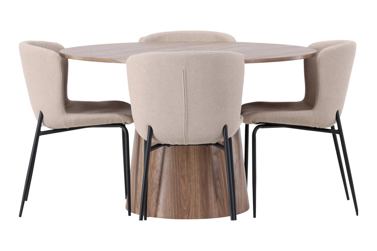 Lanzo og Modesto Spisegruppe Lanzo rundt spisebord ø120cm i natur med 4 stk. Modesto spisestoler i Beige Bouclé og sorte ben.