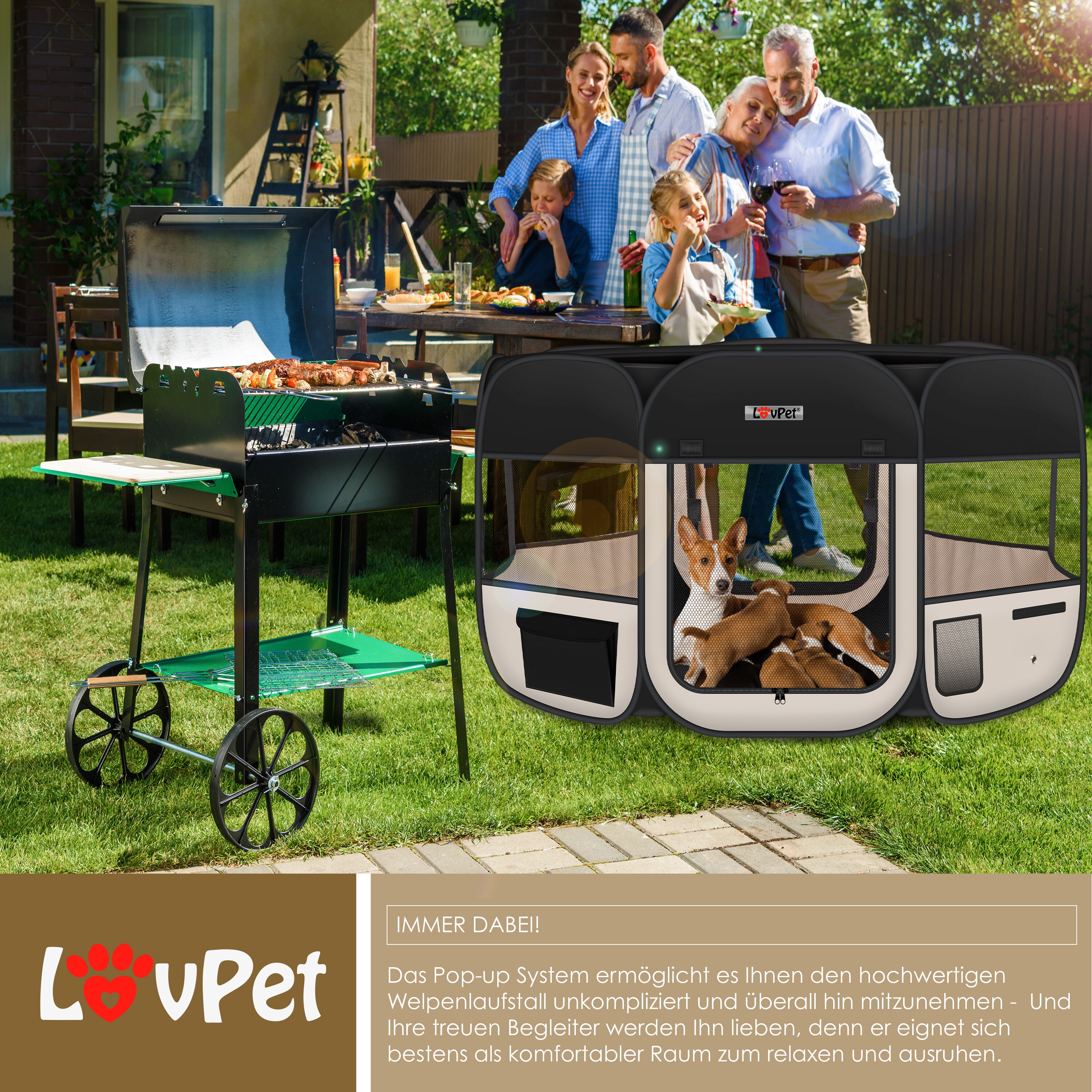 LOVPET® Welpenlaufstall Tierlaufstall Faltbar für Kleintiere Hunde, Katzen Inkl. Hundenapf Hundelaufstall Freigehege Oxfordgewebe Pop-up System Indoor & Outdoor