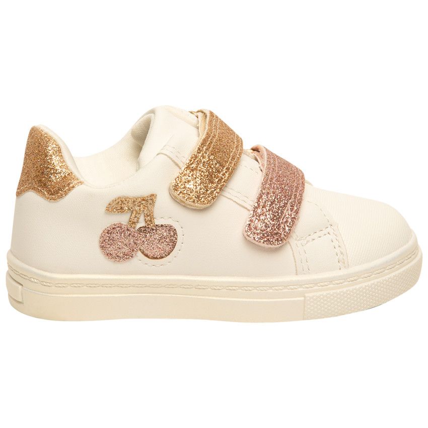 Baskets basses avec détails à paillettes et double velcro pour bébé fille - Blanc