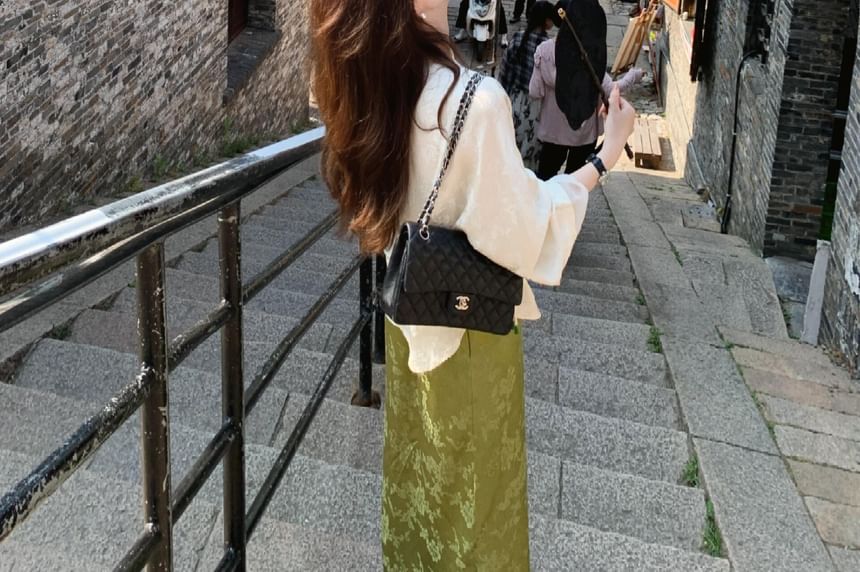 Saccharine - Lange mouwen ronde hals effen Hanfu blouse / Hoge taille effen maxi kokerrok