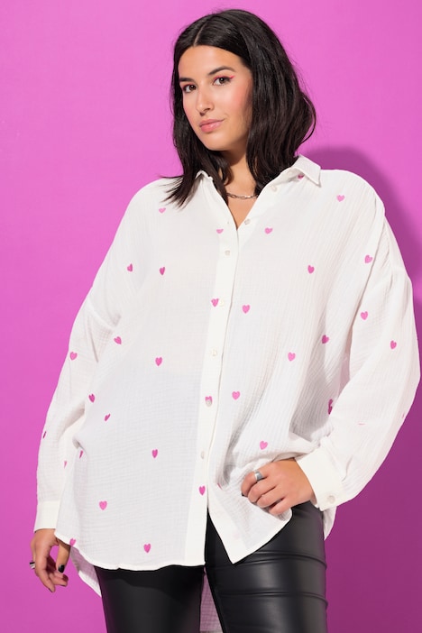 Hemdbluse, oversized, Musselin, Herz-Stickerei, Hemdkragen, Langarm