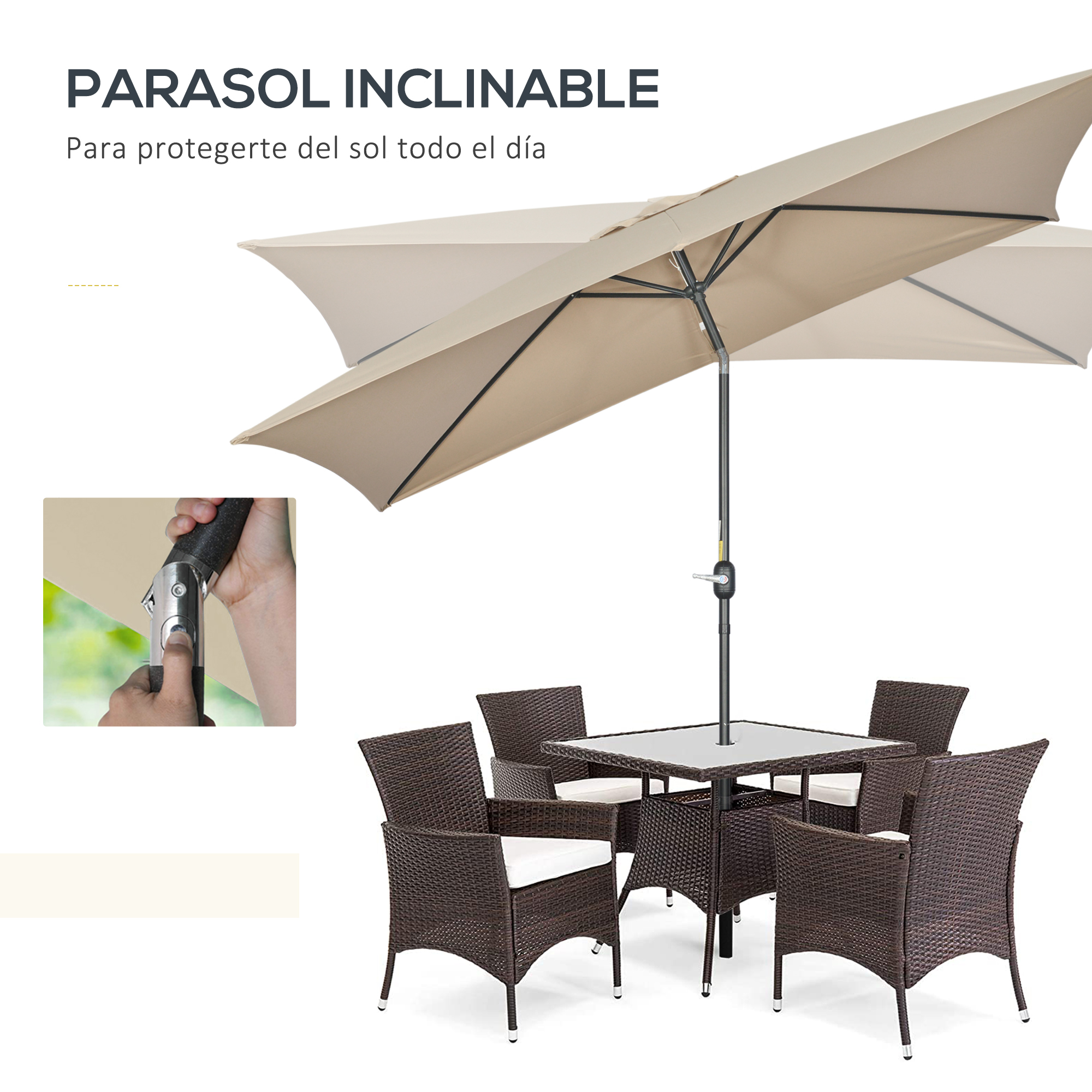 Guarda-sol retangular de alumínio Outsunny, 200x300x240 cm, com manivela e mastro removível, ideal para terraços, piscinas, pátios e áreas externas, na cor cáqui.
