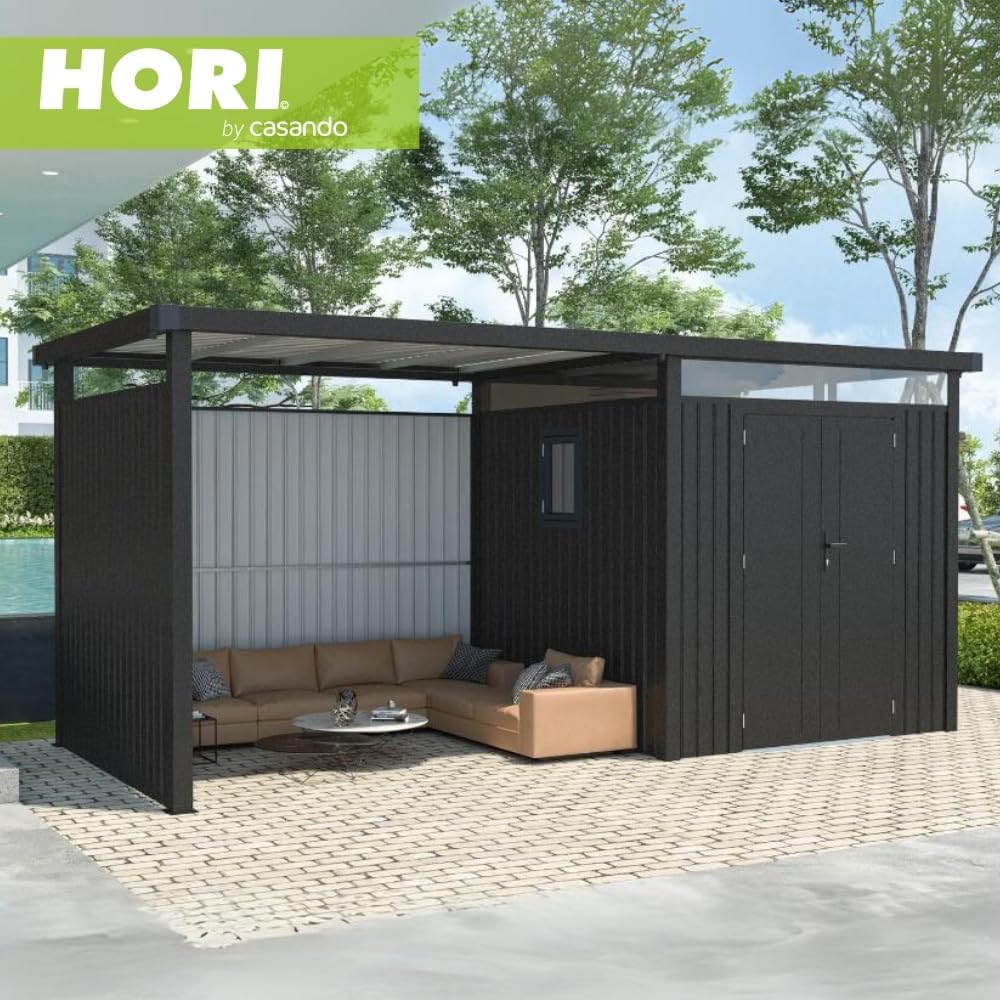 HORI Metall-Gartenhaus aus verzinktem Stahl, robuster Geräteschuppen, abschließbar, witterungsbeständig, montagefreundlich, vielseitig erweiterbar 5050x2300x2220 | inkl. Anbau | Rück- Seitenwand