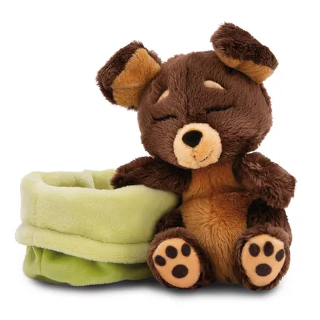 NICI Kuscheltier Hund braun 12cm schlafend im Körbchen grün GREEN