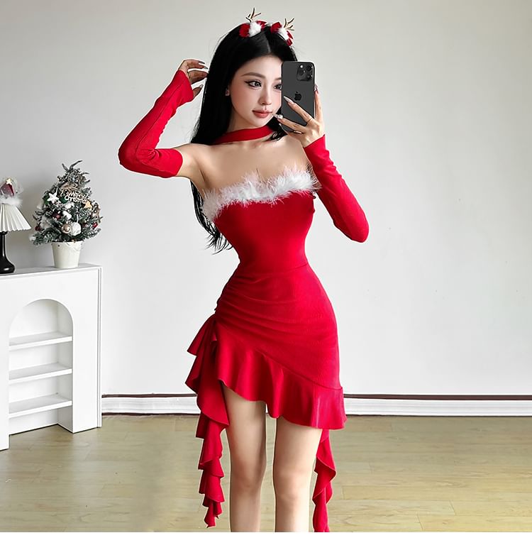 Bababy - Set: Strapless effen geplooide asymmetrische mini-bodyconjurk + mouwen