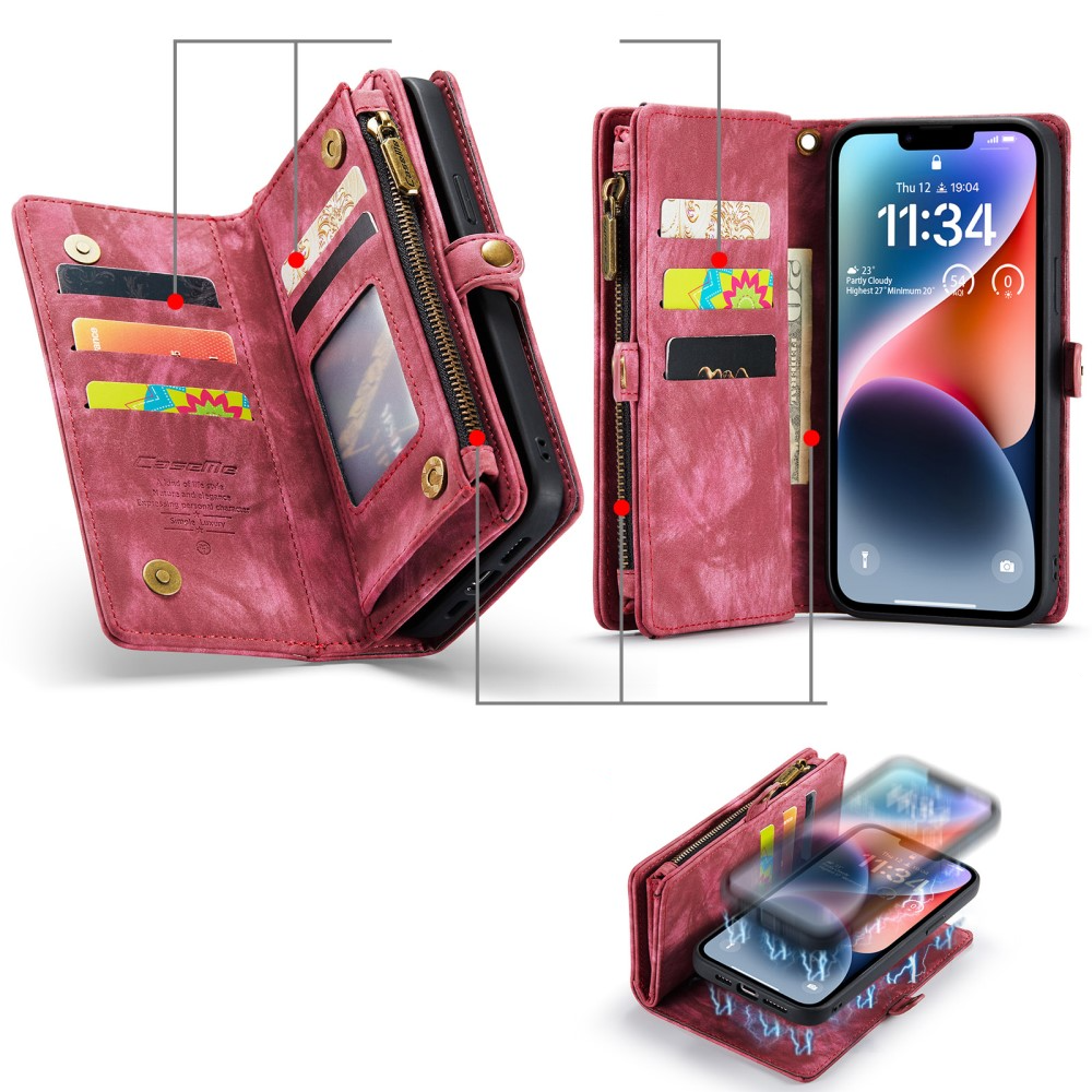 iPhone 15 2in1 Leder Tasche   Magnet Hardcase Karten Etui - Rot