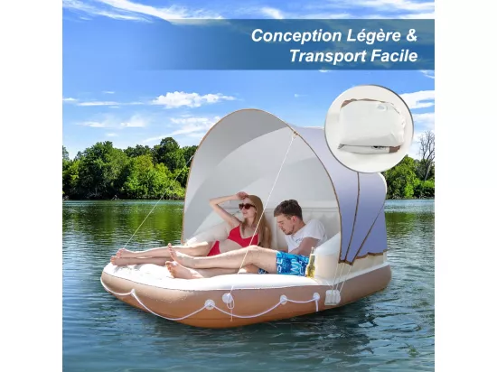 Matelas Gonflable Lounge/Salon de Piscine Flottant 180x180x160CM Charge 200KG avec Accoudoir à Haut Dossier,2 Porte-Gobelets et Auvent Rétractable