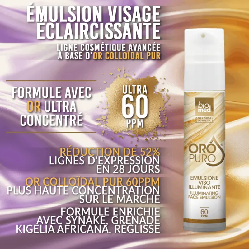 Émulsion visage éclairante à l'or colloîdal actif 60 ppm Biomed Oro Puro - Flacon de 50 ml