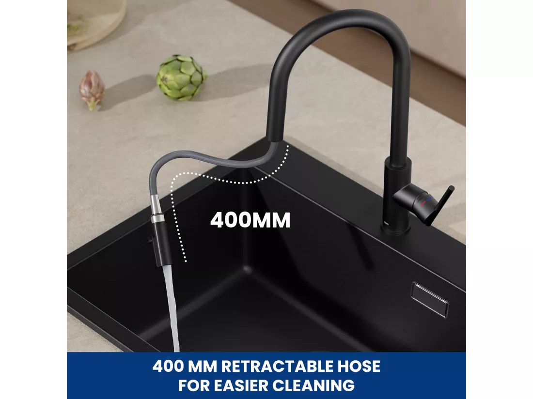 CECIPA MAX Evier Quartz Noir 45x45 cm Evier 1 Bac en Quartz et Résine + Mitigeur de Cuisine Avec Douchette Extractible, 2 Modes de Sortie D'eau, Noir