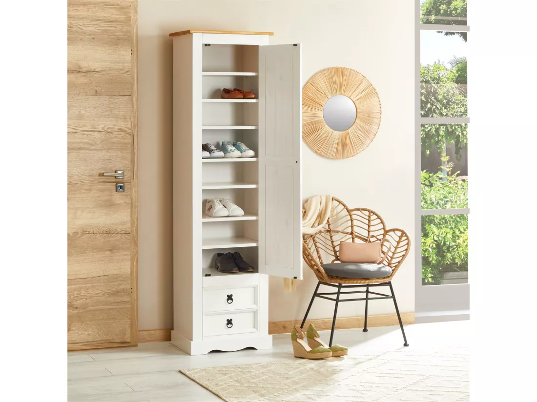 Armoire TEQUILA meuble de rangement avec 7 tablettes derrière 1 porte battante et 2 tiroirs, en pin massif lasuré blanc et brun