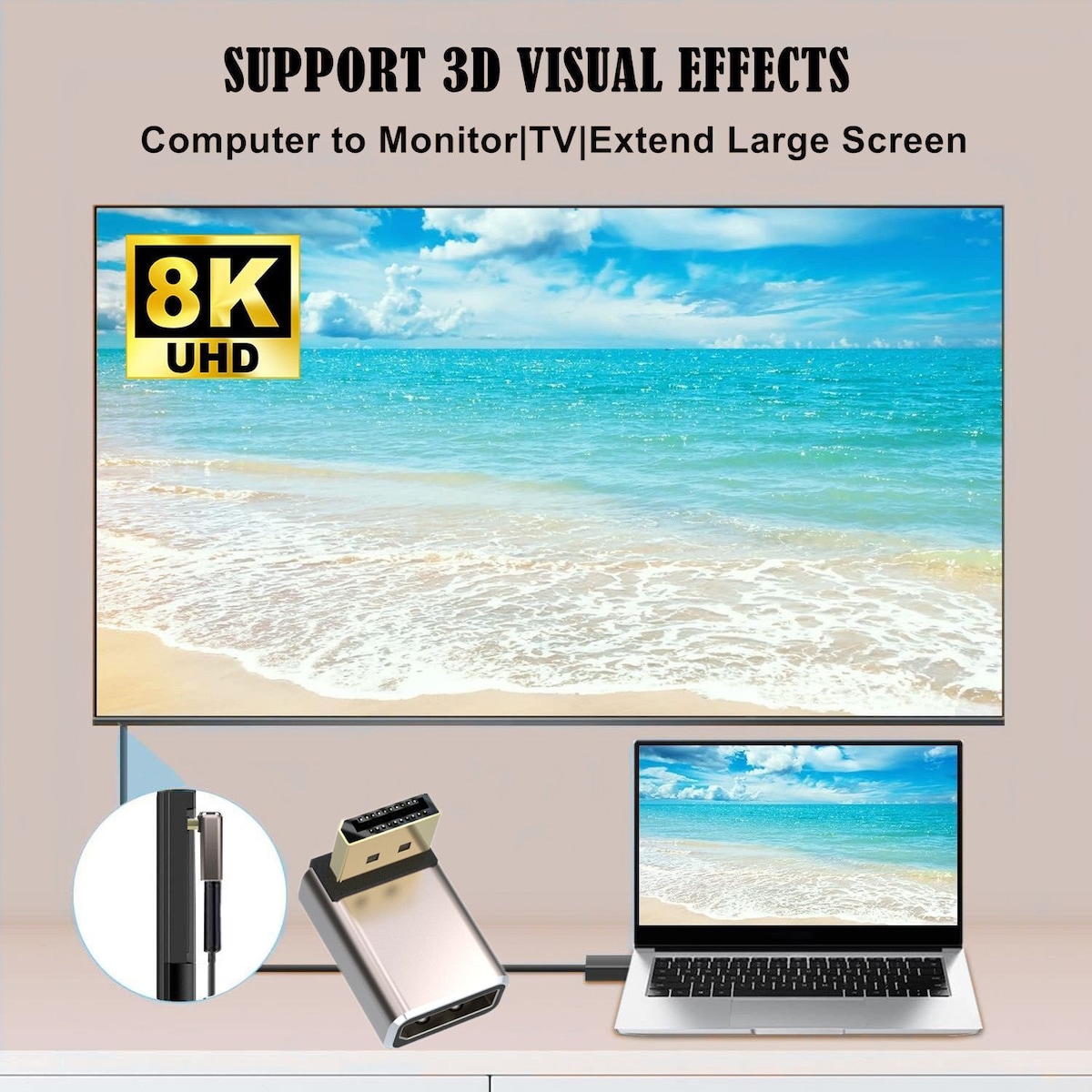 NÖRDIC Displayport-adapter hann til hunn 8K60Hz 4K144/120/60Hz