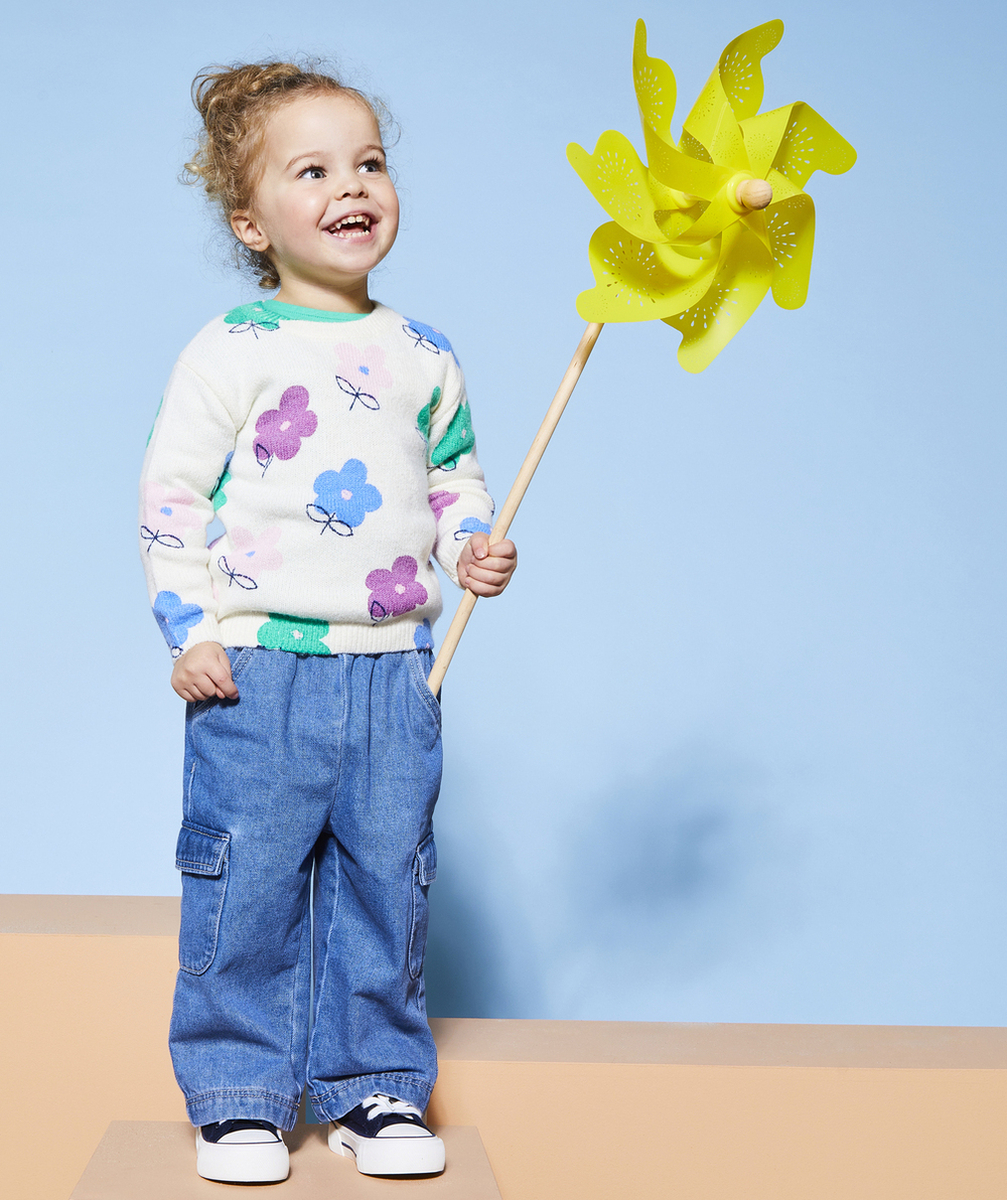 pantalon cargo wide leg bébé fille en denim low impact bleu