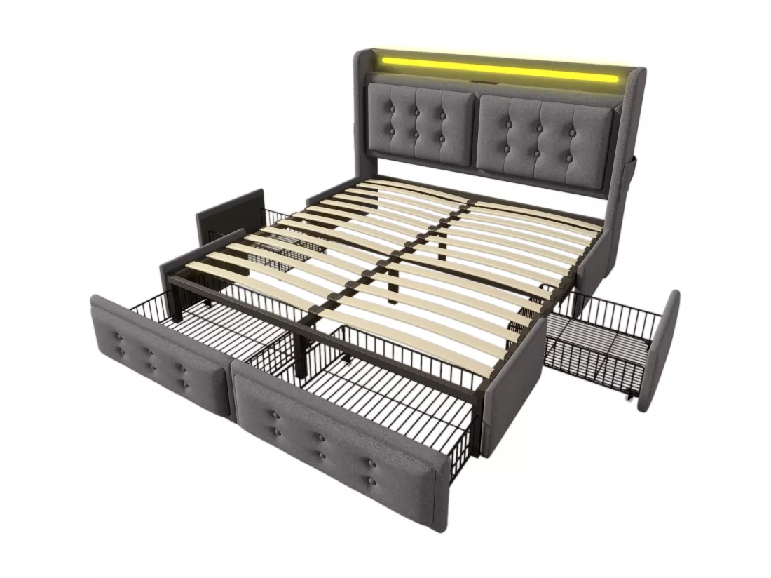 Lit adulte 180x200cm en tissu lin - avec LED et Ports de recharge - 4 tiroirs - Gris