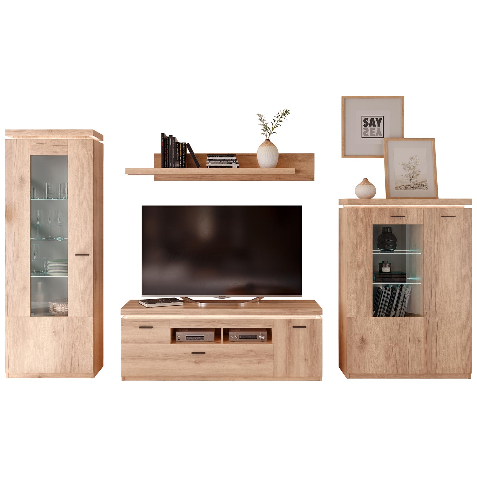 4-teiliges Wohnwand-Set - Viking Oak - mit LED-Beleuchtung