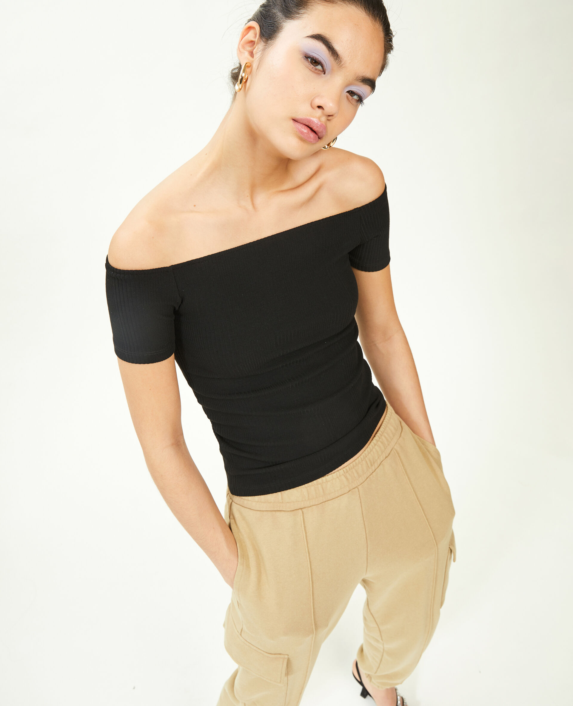 Top encolure Bardot maille côtelée - Noir