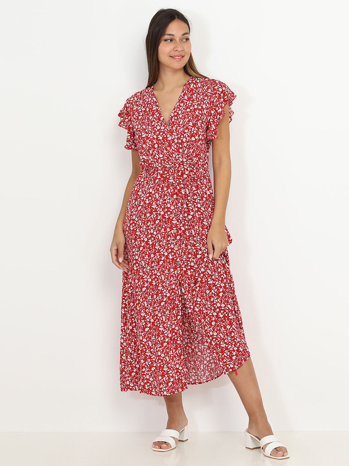 Robe longue fendue à fleurs et volants- Rouge