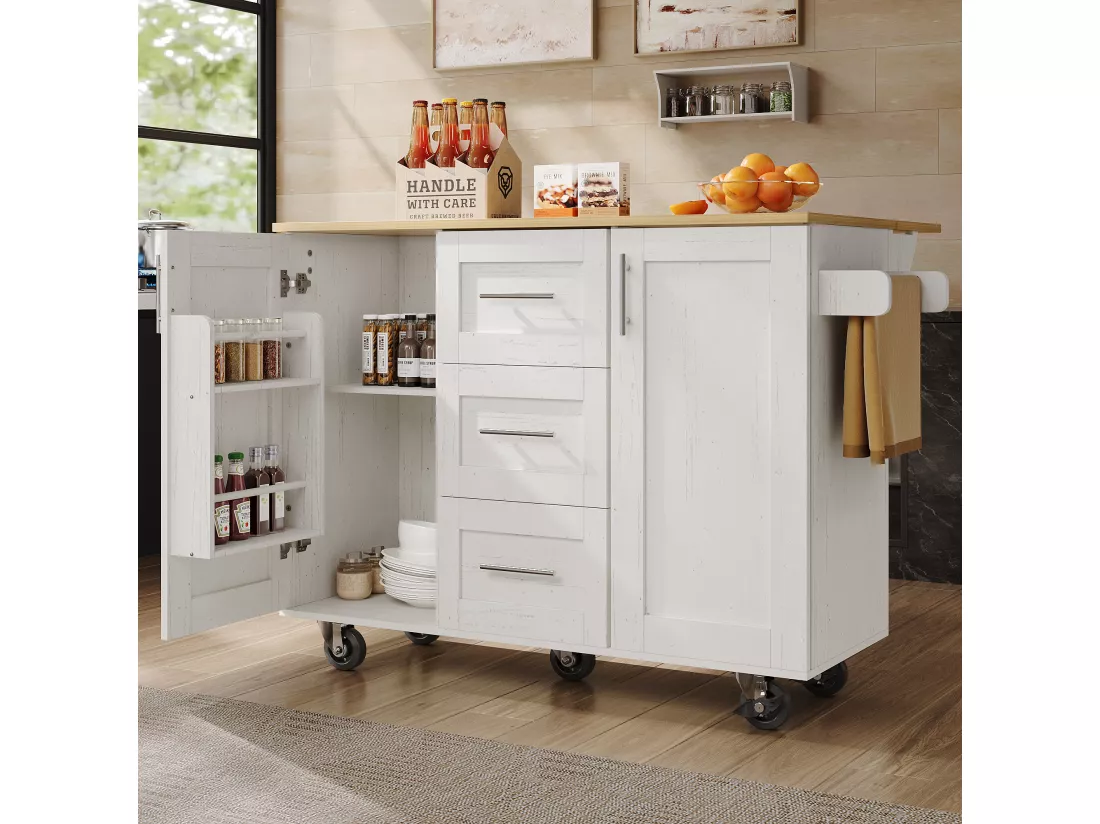 Ilot central de cuisine mobile avec 2 portes, 3 tiroirs et porte-serviettes - Plateau extensible - 134.5 x 46/74 x 90.8 cm - MDF - Blanc