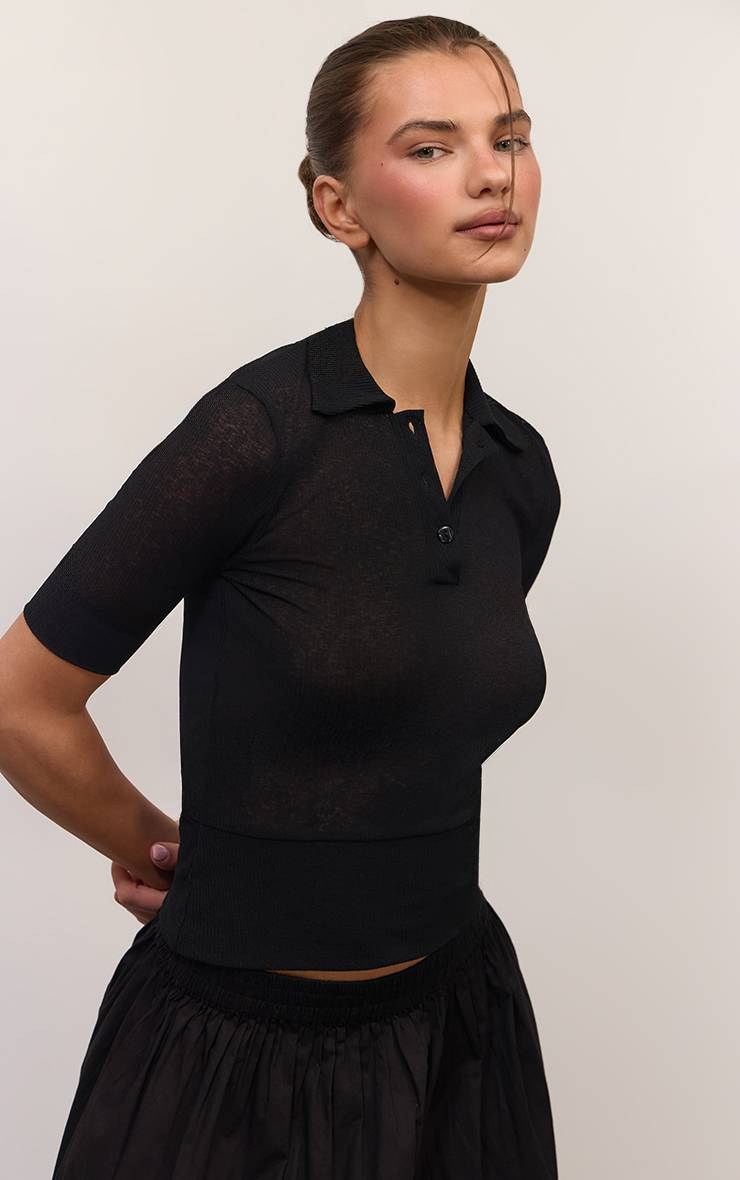 Noir T-shirt Côtelé En Maille Dévorée Avec Col Détaillé