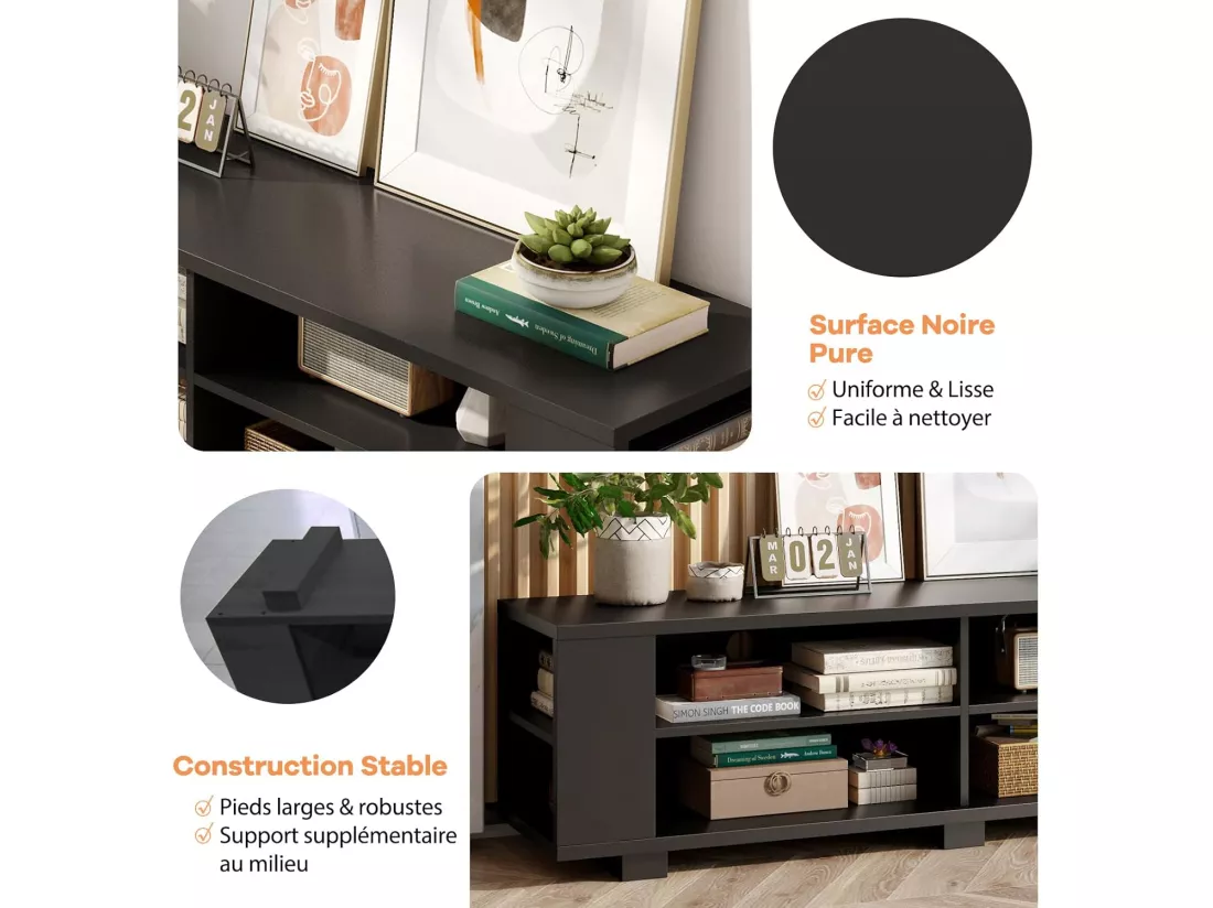 Meuble TV avec 6 Compartiments, Banc TV pour TV Jusqu'à 65 Pouces, 4 Trous de Gestion des Câbles, Étagères Réglables, pour Salon, Chambre, 150 x 39 x 45 cm (Noir)