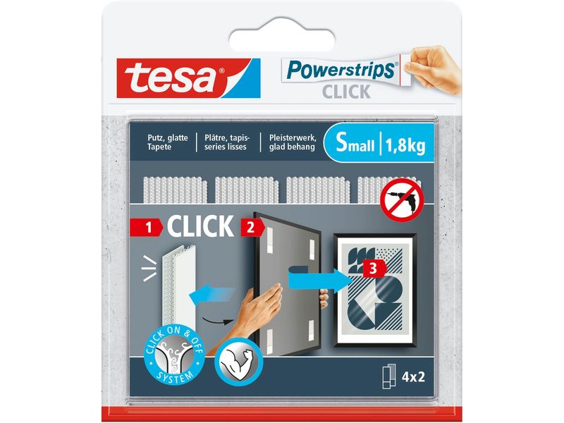 tesa Klebehaken Powerstrips CLICK Small 4 Paar, 1.8 kg Klett-Klebepads zum An- und Abklicken von Bilderrahmen und Wanddekorationen ohne Bohren