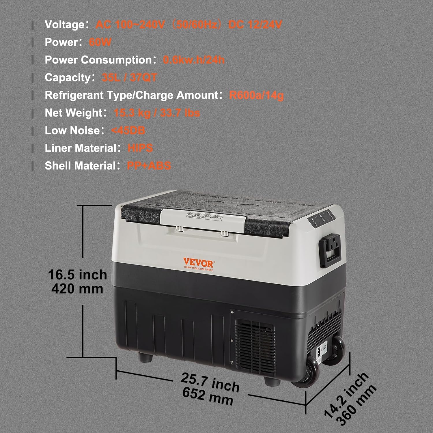 VEVOR Autokühlschrank, 35 Liter, Kompressor, tragbar, elektrisch, für Camping, mit Rädern, Doppelzone, 0,6 kW.h von -20 °C bis 10 °C, einstellbarer Thermo-Kühlschrank für Auto, LKW, Boot