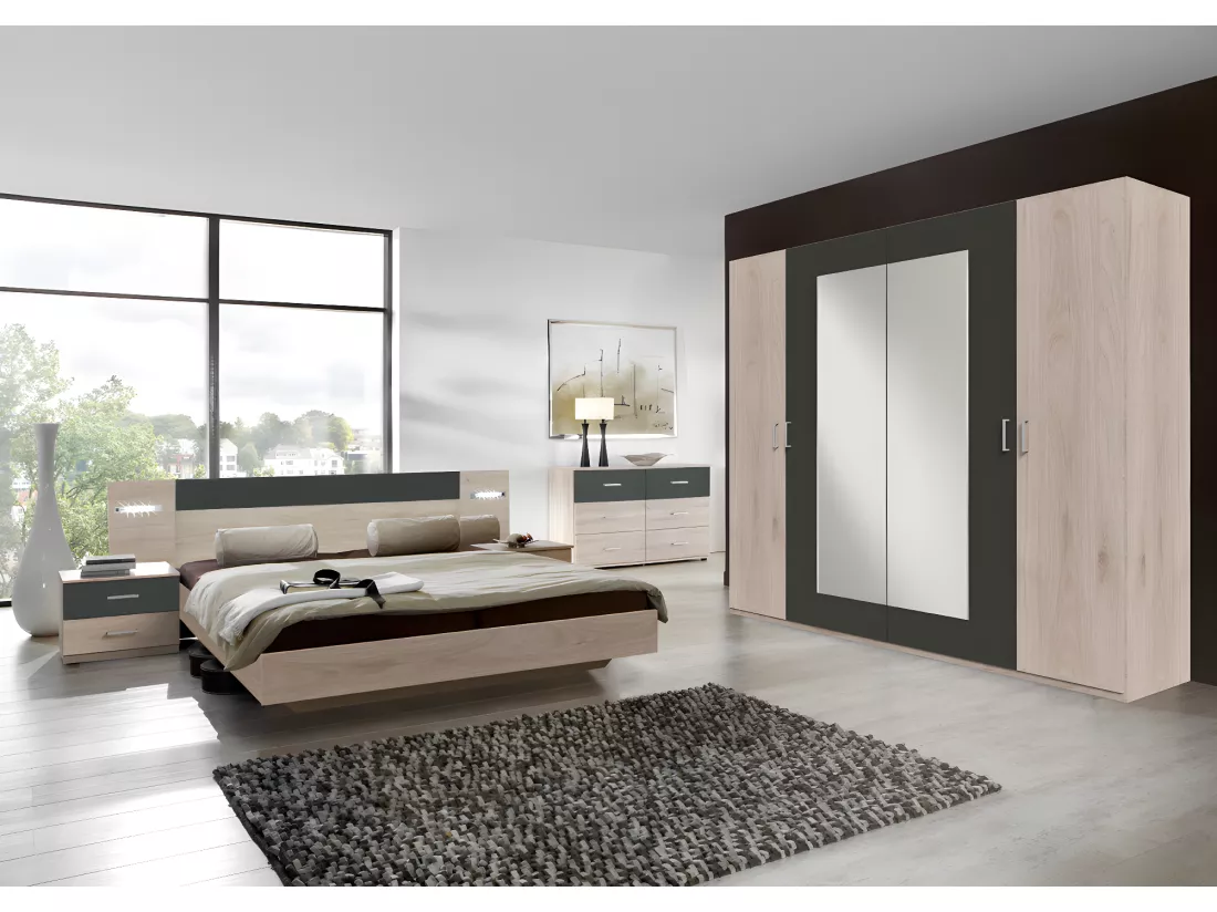 Ensemble chambre adulte Imitation chêne Hickory rechampis graphite - 140 x 200 cm