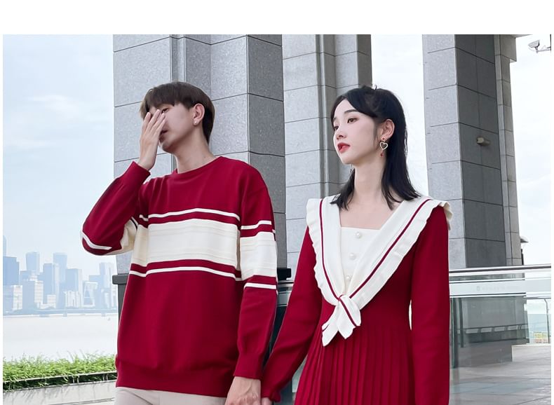 Azure - Matching Mock Two-Piece Midi Knit Dress met Puff-Sleeve en Tweekleurige Kunstparels / Lange Mouw Ronde Hals Gestreepte Trui / Middelhoge Rechte Broek