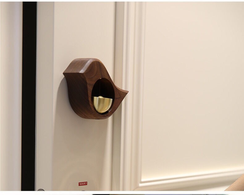 (95x87mm) Metall Glocke Eingangs Tür Klingel Deko Glockenspiel mit Magnetischem Holz Rahmen im Vogel Design - Braun / Gold
