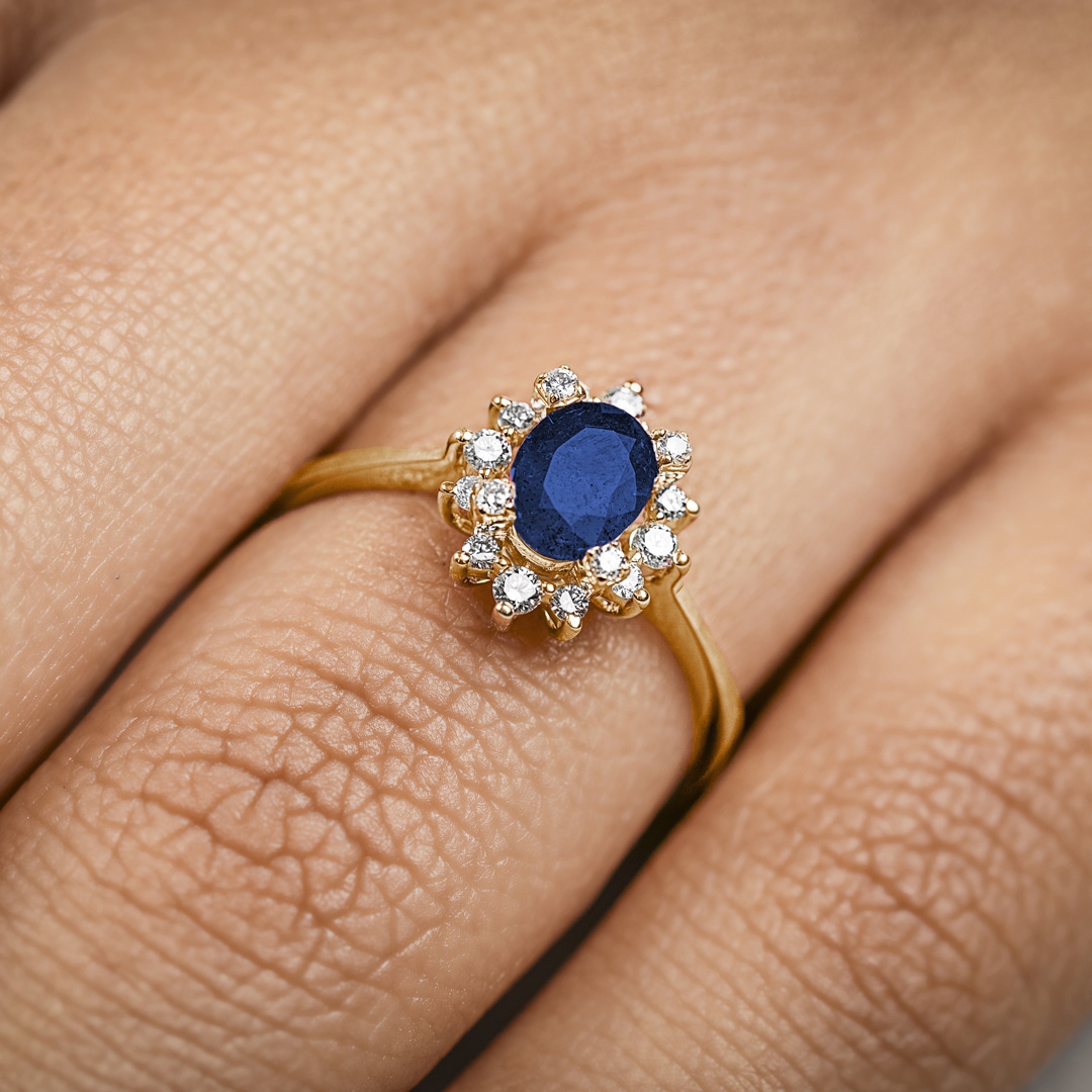 Damenring 750/18 K Gelbgold mit Diamanten 0.22 ct H/si & Saphir 1.00 ct