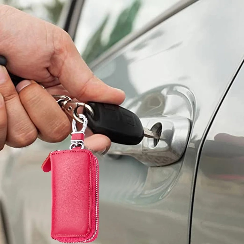 (11x6cm) Echtleder Keyless Go Autoschlüssel Aufbewahrung Schlüssel Organizer Etui mit Karabiner - Pink