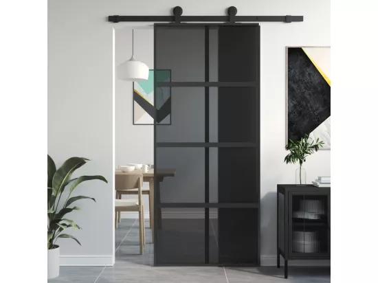 Porte coulissante noir 90x205 cm verre trempé aluminium