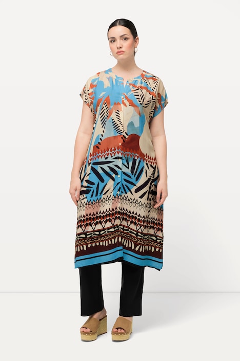 Longbluse, Palmen, Oversized, Rundhals, ärmellos