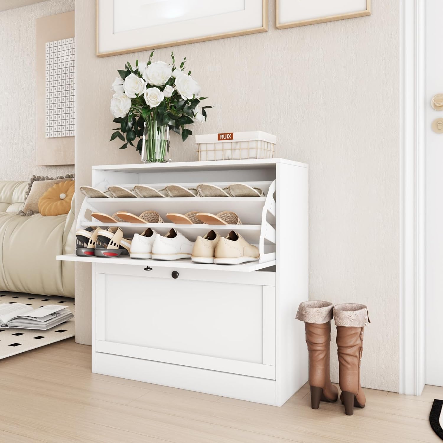 VOWNER Schuhschrank mit 2 Klappen, Schuhregal Schuhkipper Schmal, mit 6 Fächern, Schuhschrank Weiss, Verstellbar, Anti-Kipp-Vorrichtung für Eingangsbereich, Flur, 80 x 30 x 80 cm