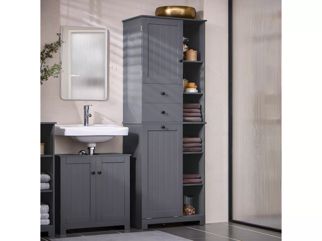 SoBuy Meuble Colonne de Salle de Bain Placard Armoire Toilette Haute Meuble de Rangement pour Salle de Bain Buanderie, avec 2 Portes et 2 Tiroirs, 6 Étagères et 1 Panier à Linge 60x37x170cm, BZR104-DG