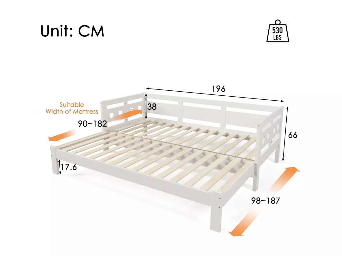 Lit gigogne 90 x 190 cm - bois massif - cadre enroulable - motif coeur - blanc