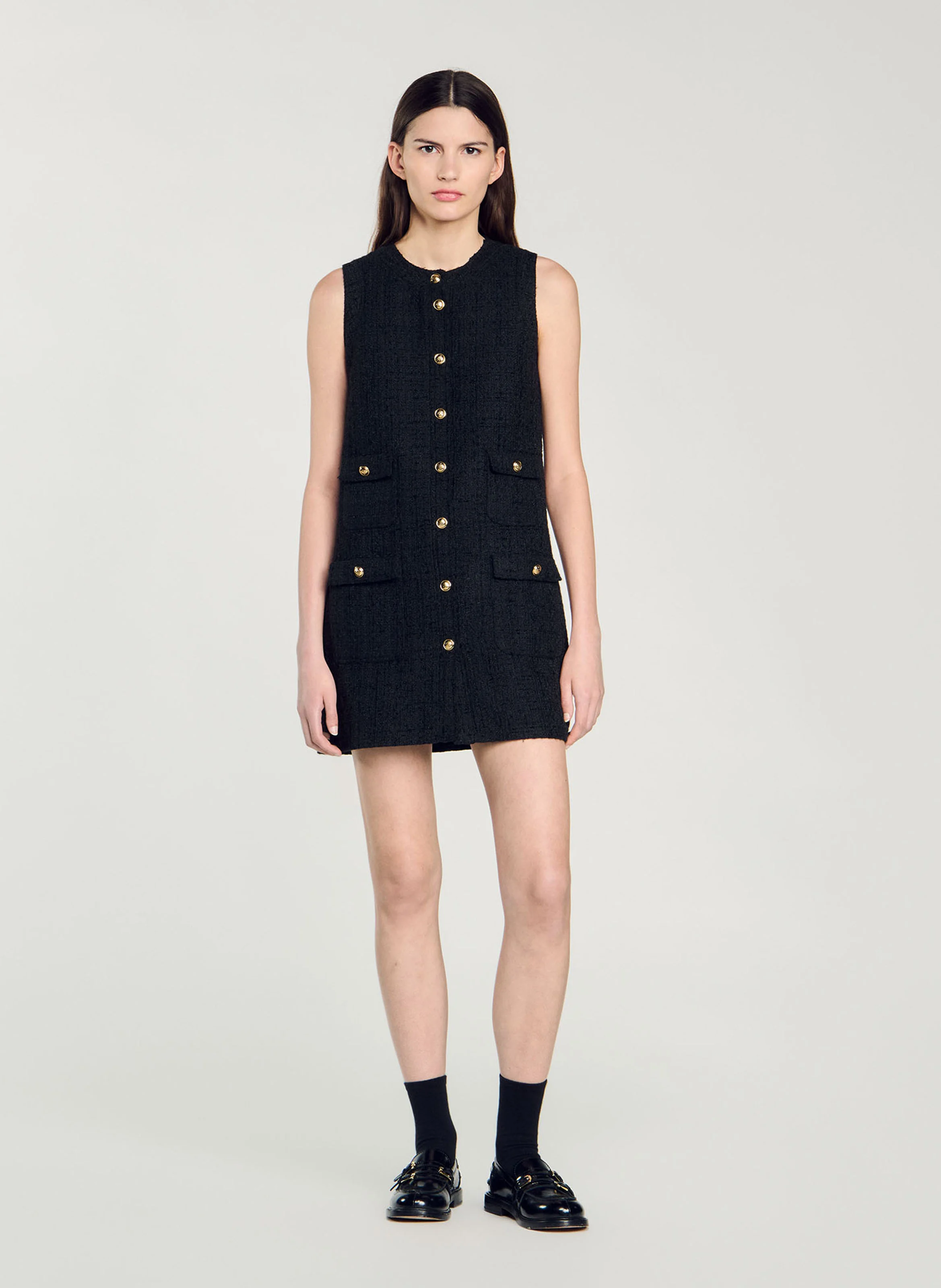 Roe courte col rond en tweed | Noir