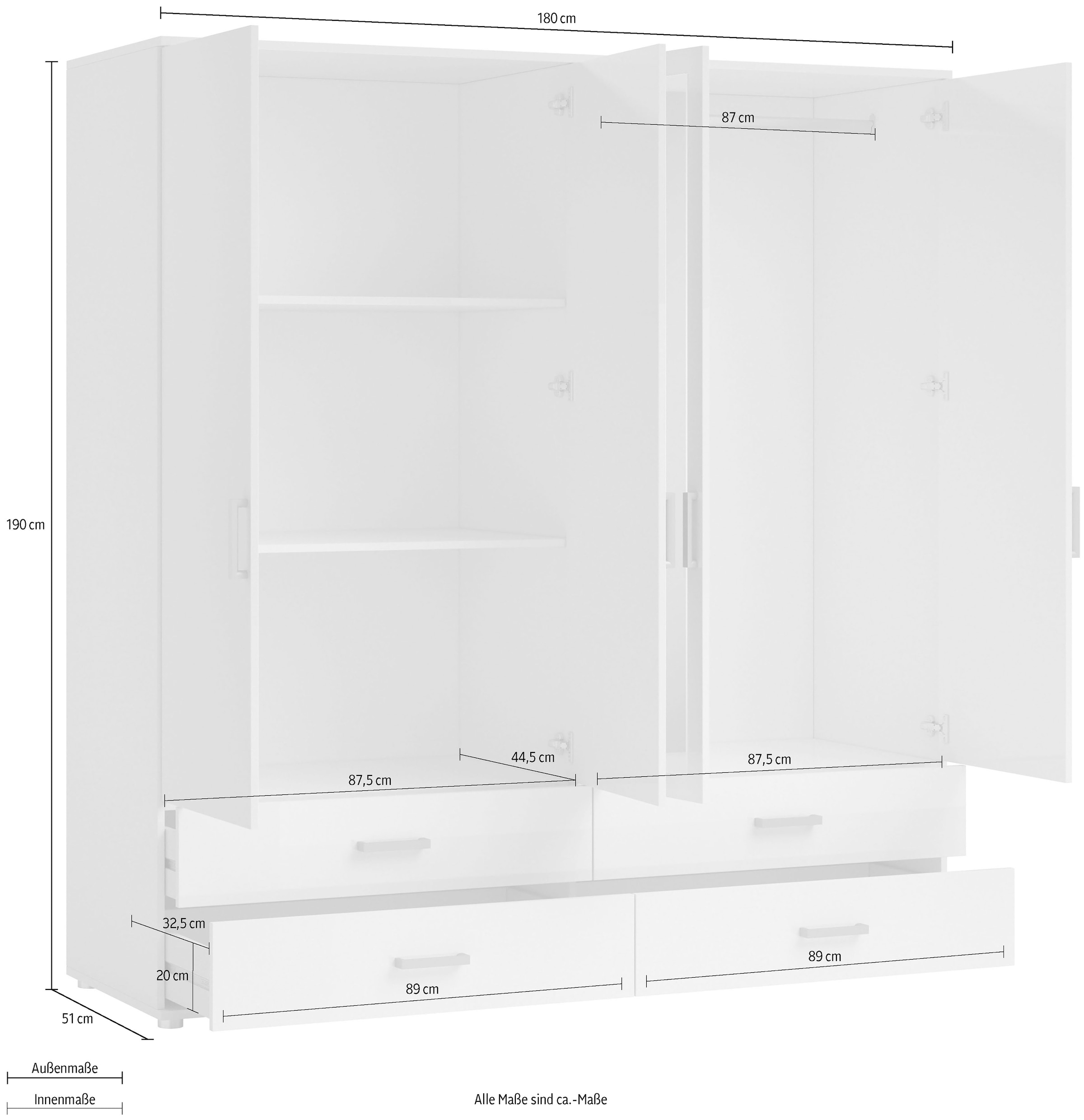 Schlafkontor Drehtürenschrank »Ivar Kleiderschrank mit Spiegel« inklusive 2 Spiegeltüren und 4 farblich abgesetzten Schubkästen