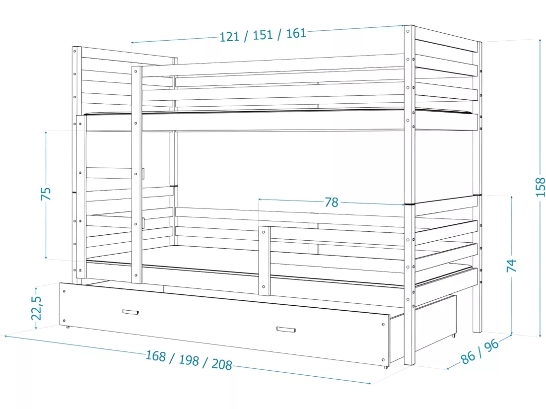 Lit Superposé Milo 90x190 Blanc - blanc Livré avec sommiers, tiroir et matelas en mousse de 7cm