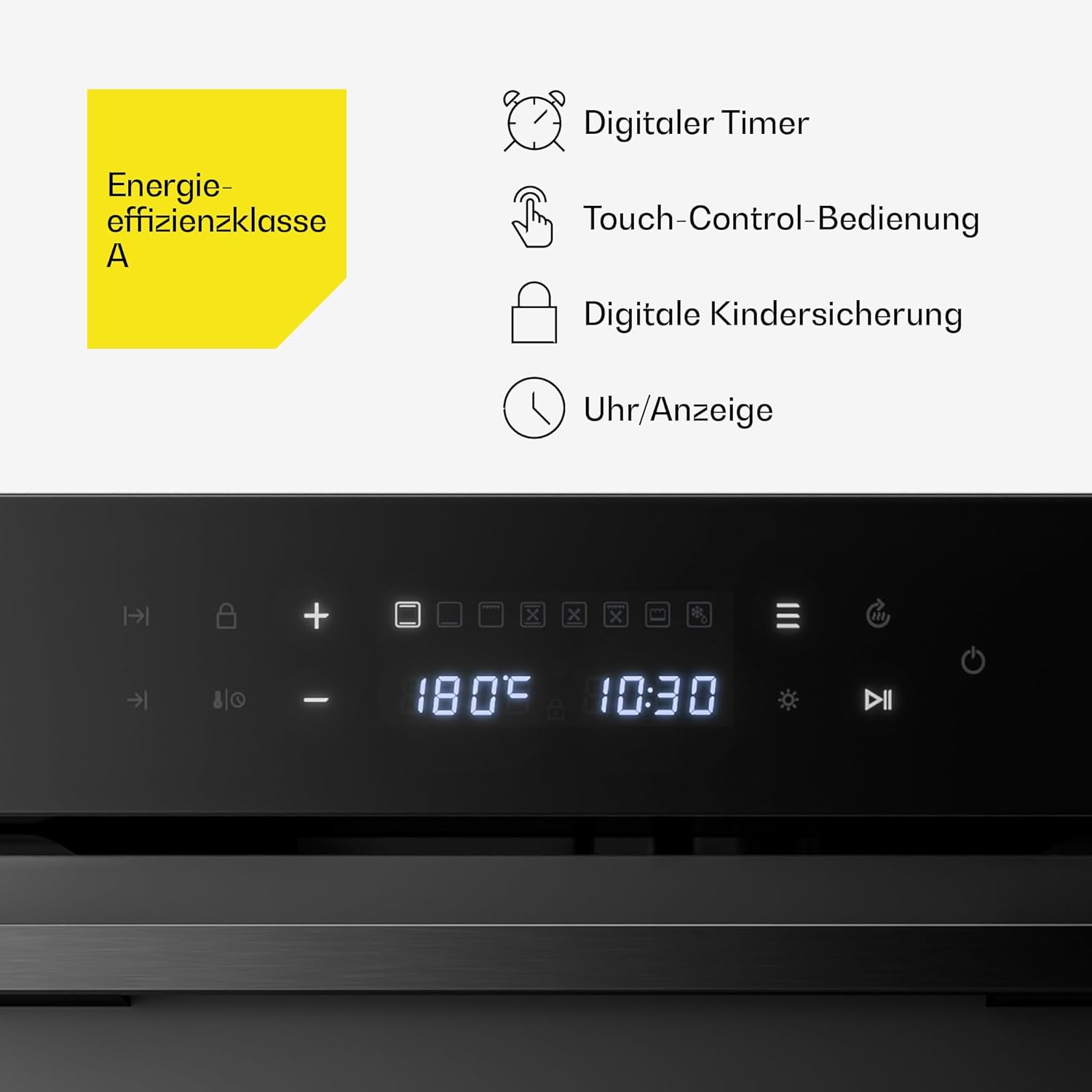 Klarstein Velaire Einbaubackofen 45 cm - 49L, 10 Betriebsmodi, Energieeffizienz A, Touch-Steuerung, Timer, Kindersicherung, Einbauofen ohne Kochfeld