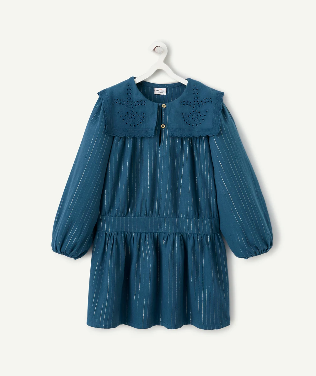 ROBE BLEU CANARD FILLE AVEC GRAND COL ET LISERÉS COULEUR DORÉS